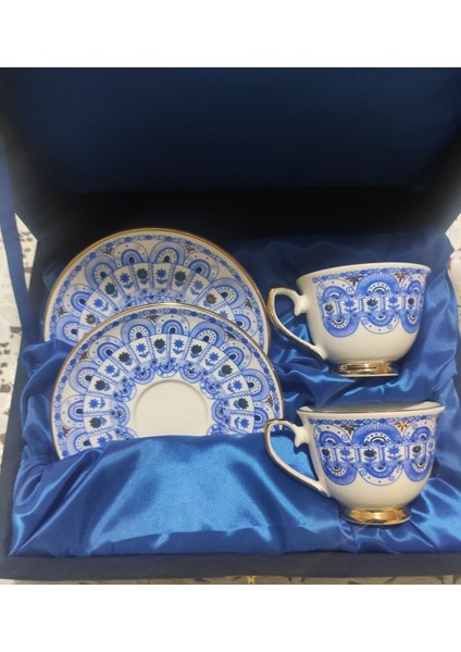 Luxury Ikili Porselen Türk Kahvesi Fincanı Mavi Beyaz 1 Adet