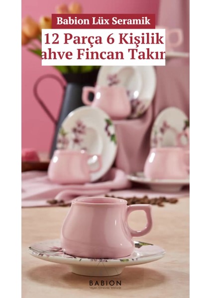 Luxury Lüx Seramik 12 Parça 6 Kişilik Kahve Fincanı Takımı, Pembe Fincan Seti 1 Adet