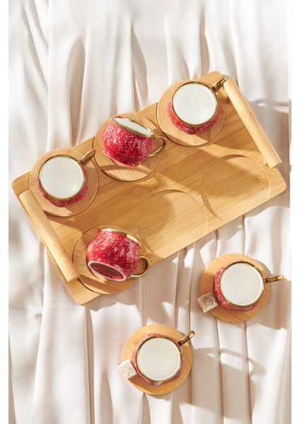 Luxury Bambu Tepsi Hediyeli 6 Kişilik Kırmızı Kahve Fincan Takımı 90 ml 1 Adet