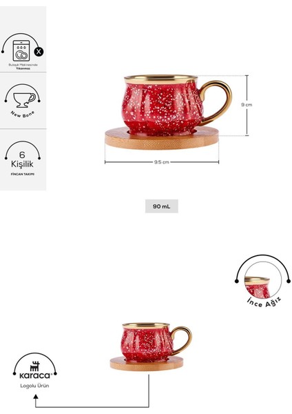 Luxury Bambu Tepsi Hediyeli 6 Kişilik Kırmızı Kahve Fincan Takımı 90 ml 1 Adet