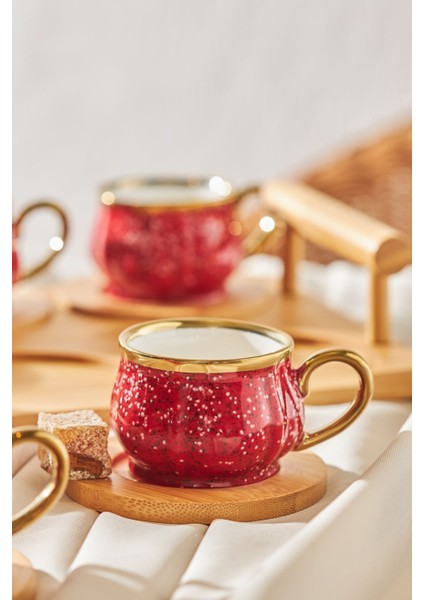 Luxury Bambu Tepsi Hediyeli 6 Kişilik Kırmızı Kahve Fincan Takımı 90 ml 1 Adet