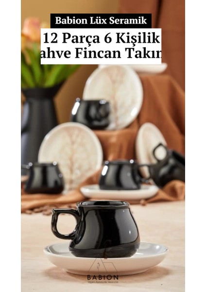 Luxury Damla Siyah Ihlamur 12 Parça Lüx Seramik 6 Kişilik Kahve Fincan Takımı, Türk Kahvesi Fincan 1 Adet
