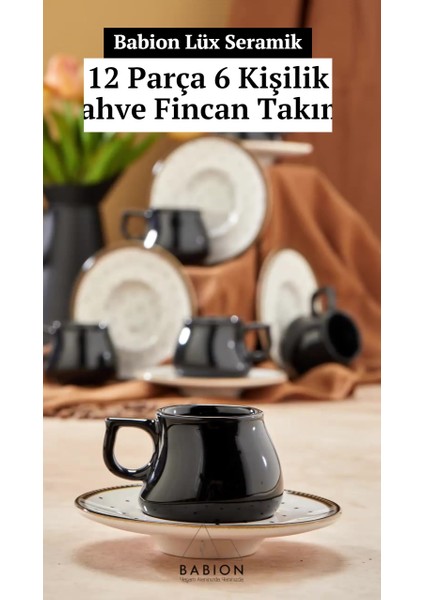 Luxury Damla Prime 12 Parça Lüx Seramik 6 Kişilik Siyah Kahve Fincan Takımı, Türk Kahvesi Fincan 1 Adet