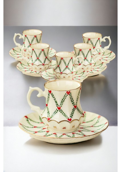 Luxury Kırmızı Kalpli 6lı Set El Yapımı Handmade Porselen Altın Işlemeli Kahve Fincan Set 1 Adet