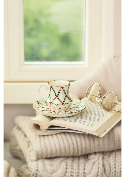 Luxury Kırmızı Kalpli 6lı Set El Yapımı Handmade Porselen Altın Işlemeli Kahve Fincan Set 1 Adet