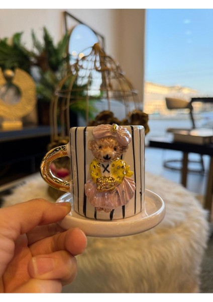 Luxury Kopya - El Yapımı 24 K Altın Kaplama Kız Teddy Türk Kahvesi Fincanı 1 Adet