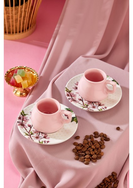 Luxury Lüx Seramik 2 Kişilik Kahve Fincan Takımı Cherry Pembe, Türk Kahvesi Fincan 1 Adet