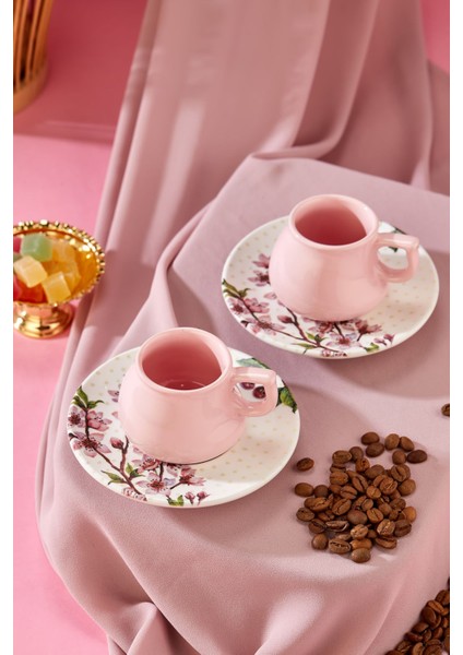 Luxury Lüx Seramik 2 Kişilik Kahve Fincan Takımı Cherry Pembe, Türk Kahvesi Fincan 1 Adet