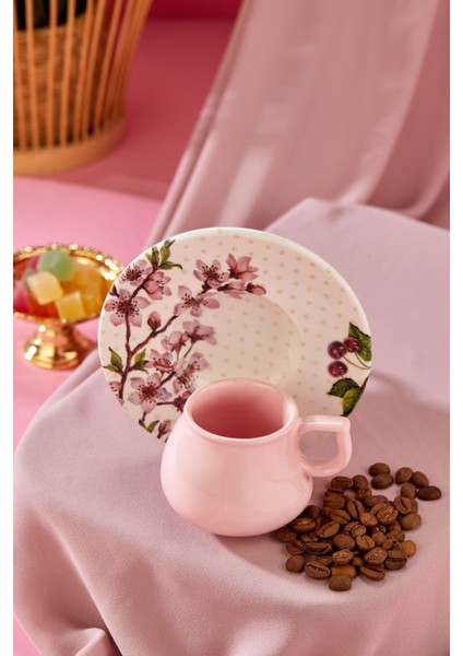 Luxury Lüx Seramik 2 Kişilik Kahve Fincan Takımı Cherry Pembe, Türk Kahvesi Fincan 1 Adet