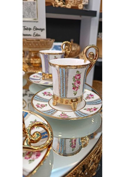 Luxury 6 Kişilik Ayaklı Gold Işlemeli Renkli Kahve Fincan Takımı (Briella) 1 Adet