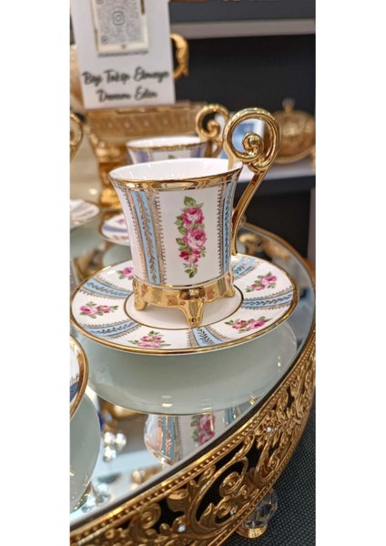 Luxury 6 Kişilik Ayaklı Gold Işlemeli Renkli Kahve Fincan Takımı (Briella) 1 Adet