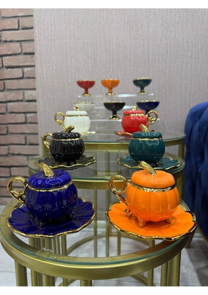 Luxury Ayaklı Renkli Bal Kabağı Kapaklı 6 Kişilik Yanında Lokumluk 18PARÇA Fincan Takımı 1 Adet