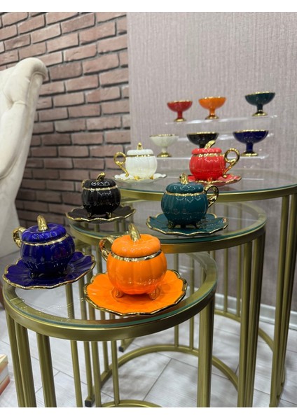 Luxury Ayaklı Renkli Bal Kabağı Kapaklı 6 Kişilik Yanında Lokumluk 18PARÇA Fincan Takımı 1 Adet