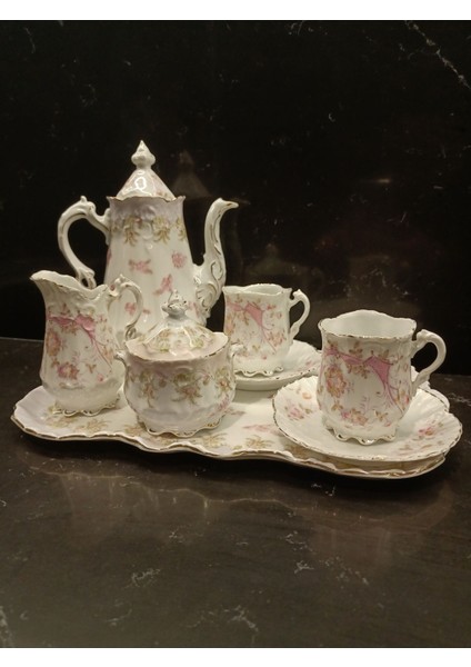 Luxury Vintage Antika Tepsili Iki Kişilik Porselen Duble Kahve Fincanı Seti 1 Adet