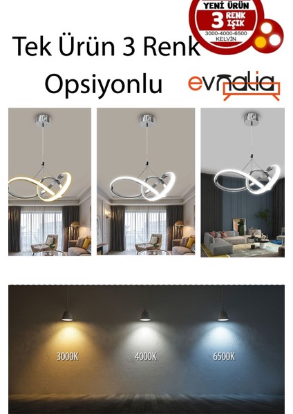 Power LED Avize Mutfak Koridor Çocuk Oturma Yatak Odası 3 Renk Gün Işığı-Beyaz-Sarı Işık -Krom Gövd