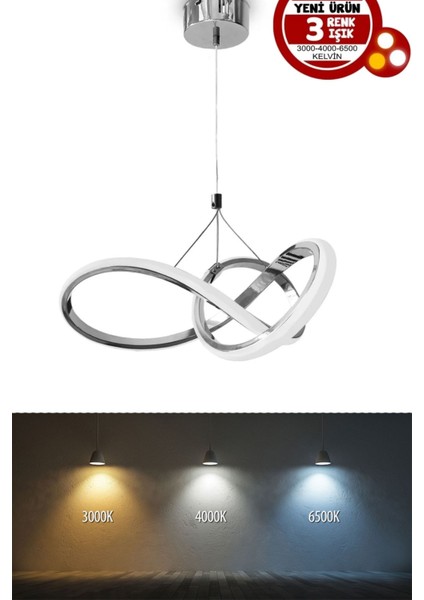 Power LED Avize Mutfak Koridor Çocuk Oturma Yatak Odası 3 Renk Gün Işığı-Beyaz-Sarı Işık -Krom Gövd