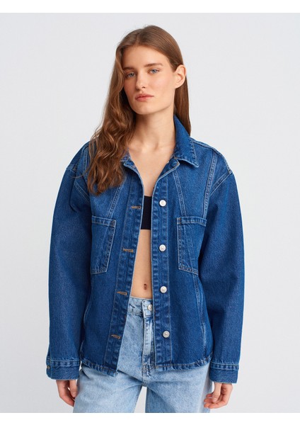 50749 Ön Bölümü Dikişli Oversize Denim Gömlek-Mavi