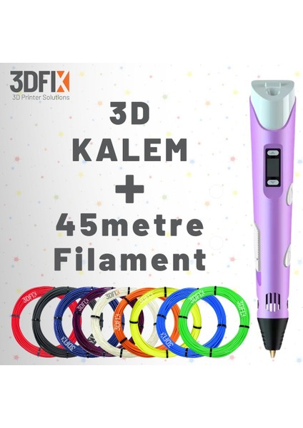 - 3D Kalem - 3D Pen - 3 Boyutlu Yazıcı Mor Kalem + Hediye 45 Metre Filament