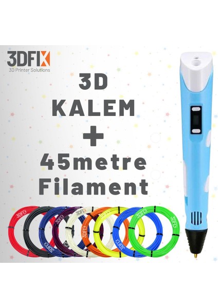 - 3D Kalem - 3D Pen 3 Boyutlu Yazıcı Mavi Kalem + Hediye 45 Metre Filament