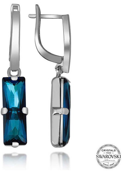 Swarovski Crystal Taşlı Gümüş Mavi Baget Sallantılı Kadın Küpe