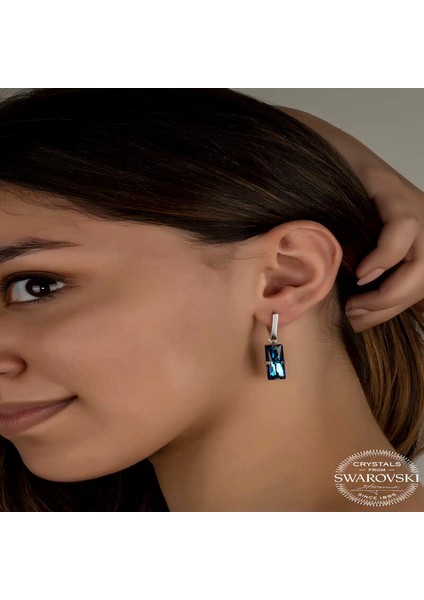 Swarovski Crystal Taşlı Gümüş Mavi Baget Sallantılı Kadın Küpe