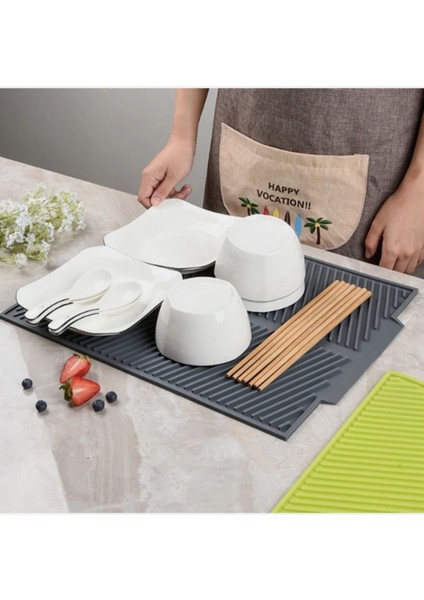 Luxury En Büyük Boy Antrasit 44 x 33 cm Silikon Bulaşık Kurutma Matı Bulaşıklık | Bulaşık Altlığı 1 Adet