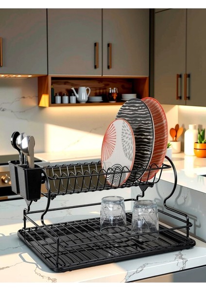 Luxury Paslanmaz 2 Katlı Metal Tabaklık Bulaşıklık Bulaşık Sepeti Termo Plastik Kaplama 1 Adet
