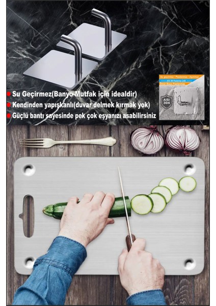 Luxury Home 2 Adet Paslanmaz Çelik Kesme Tahtası -2 Adet Yapışkanlı ASKI(AYAKLI)(304 Kalite)-Antibakteriyel 1 Adet
