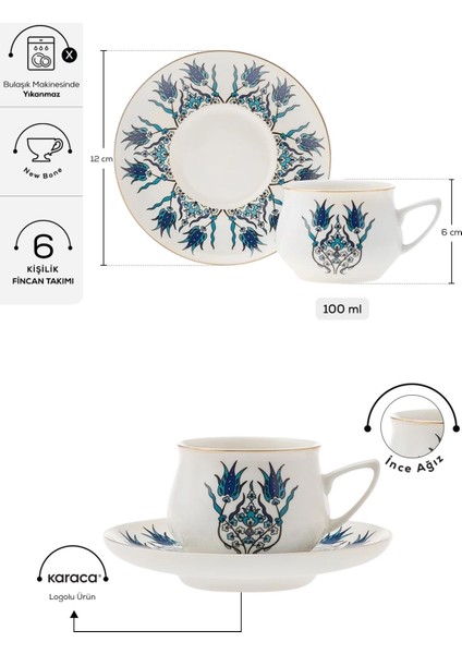 Luxury Std Iznik Yeni Form 6 Kişilik Kahve Fincanı Takımı 100 ml Klasik 1 Adet