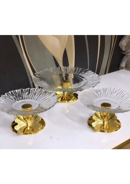 Luxury Dekoratif 3 Lü Gold Ayaklı Cam Çerezlik Sunumluk Büyük ve Küçük Boy 1 Adet