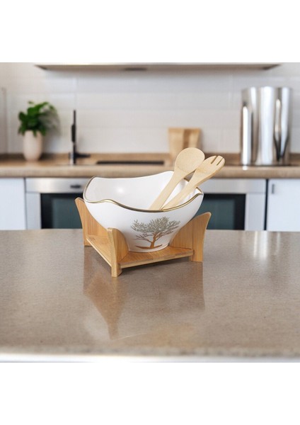 Luxury Bambu Standlı Gold Detaylı Porselen Yuvarlak Salata Kasesi Seti Servis Kasesi 1 Adet