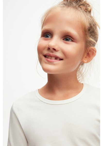 Ekru Basic Mevsimlik Likralı Uzun Kollu Kız Çocuk Tişört modelleri