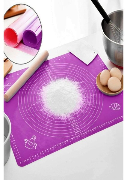 Luxury Mor Büyük Boy Silikon Hamur Açma Matı Silikon Ölçülü Çok Amaçlı Hamur Matı / Örtüsü 40X50 cm 1 Adet