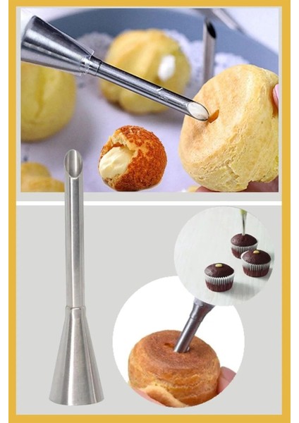 Luxury Paslanmaz Çelik Krema Sıkma Torbası Ucu (Cupcake Dolgu Duy )1 Adet + 2 Adet Şanti Torbası 1 Adet
