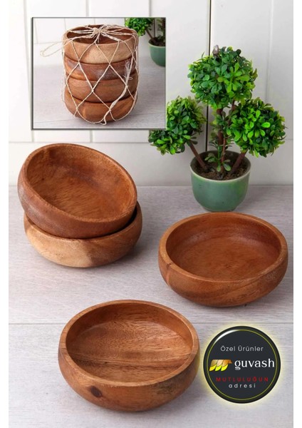 Luxury Bambu 4'lü Çerezlik Yuvarlak Doğal Bambu Çerez Tabağı Sunumluk 1 Adet