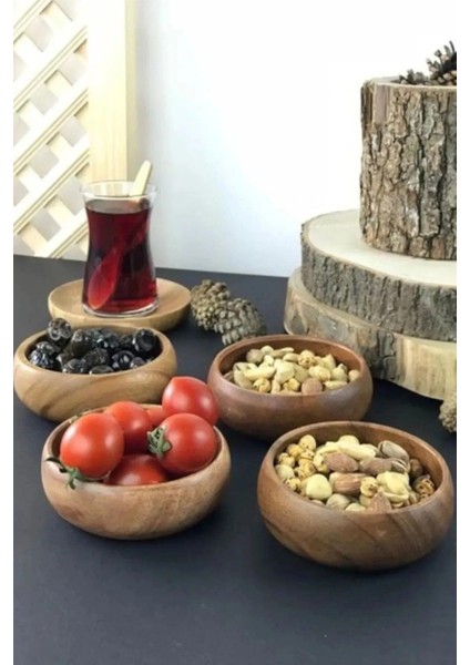 Luxury Bambu 4'lü Çerezlik Yuvarlak Doğal Bambu Çerez Tabağı Sunumluk 1 Adet modelleri