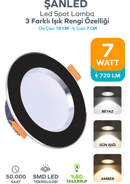 7W 3renkli(Beyaz, Gün Işığı, Ikisi Bir Arada) Siyah Gold/krom LED Spot Lamba-1 Adettir