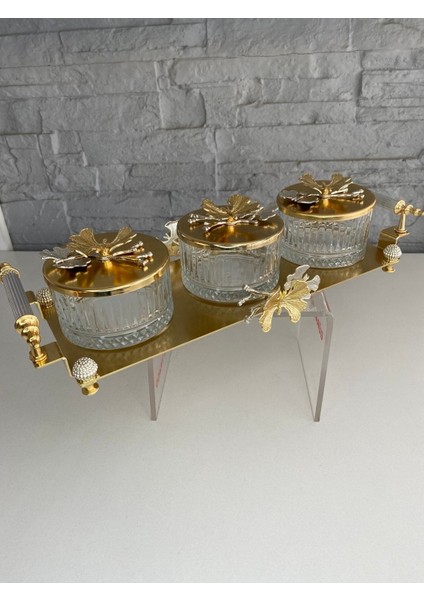 Luxury Gold Kelebekli 3lü Tepsili Kase Sunumluk/çerezlik Altın 37X16X9 cm 1 Adet