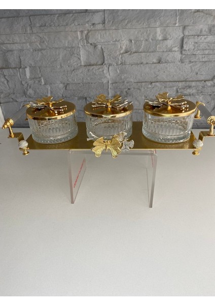 Luxury Gold Kelebekli 3lü Tepsili Kase Sunumluk/çerezlik Altın 37X16X9 cm 1 Adet fiyatları