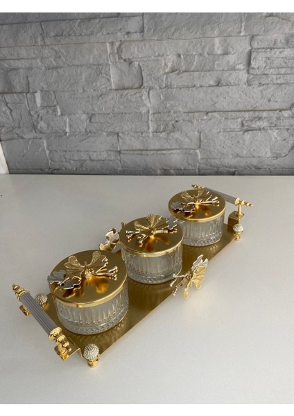 Luxury Gold Kelebekli 3lü Tepsili Kase Sunumluk/çerezlik Altın 37X16X9 cm 1 Adet fırsatları