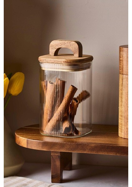Luxury Acacia 600 ml Akasya Vakum Kapak Borosilikat Yuvarlak Cam Kavanoz 8X12 cm 1 Adet