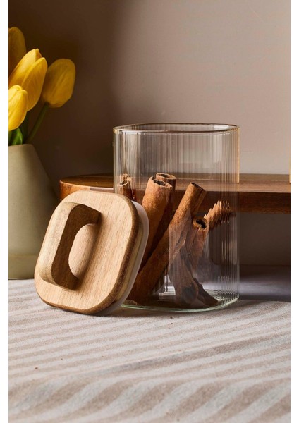 Luxury Acacia 600 ml Akasya Vakum Kapak Borosilikat Yuvarlak Cam Kavanoz 8X12 cm 1 Adet