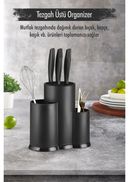 Luxury Tezgah Üstü Siyah Kaşıklık & Bıçaklık & Kepçelik & Organizer 1 Adet