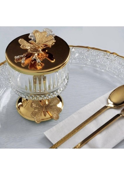 Luxury Gold Metal Ayaklı Kapaklı Elysia Şekerlik Çerezlik Ikramlık Sunumluk 1 Adet