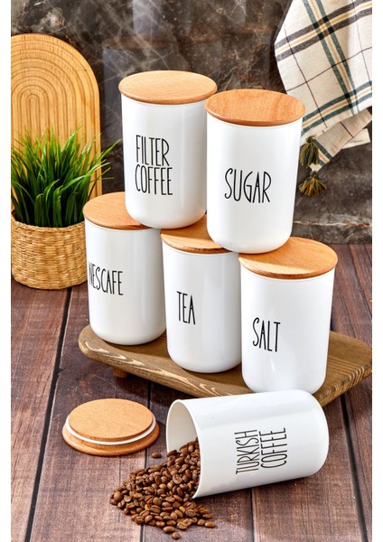 Luxury 6'lı Ahşap Vakum Kapaklı Transfer Etiketli Coffe/tea/sugar/salt Akrilik Kavanoz 900ML Saklama Kabı 1 Adet