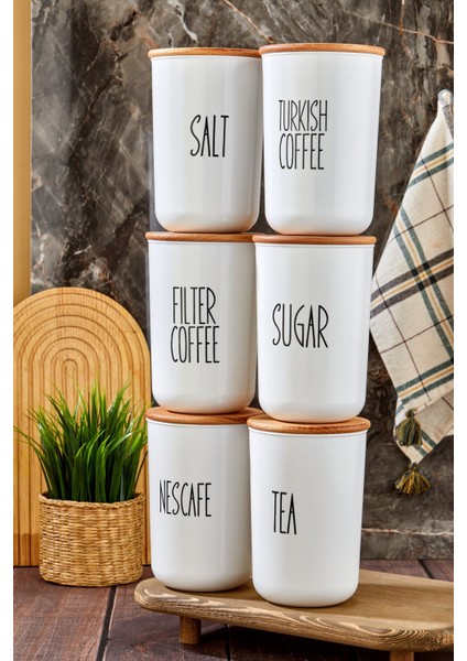 Luxury 6'lı Ahşap Vakum Kapaklı Transfer Etiketli Coffe/tea/sugar/salt Akrilik Kavanoz 900ML Saklama Kabı 1 Adet