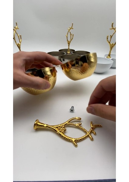 Luxury 4 Bölmeli Gold Metal Çerezlik, Altın Dallı Çerez Tabağı 1 Adet