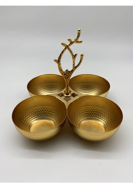 Luxury 4 Bölmeli Gold Metal Çerezlik, Altın Dallı Çerez Tabağı 1 Adet