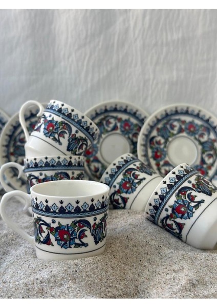 Luxury Porselen Topkapı Çini Desenli 6 Kişilik Türk Kahvesi Fincan Takımı 12 Parça 1 Adet