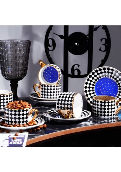 Luxury Lüks Porselen Özel Tasarım Damalı 6lı Fincan Takımı 1 Adet